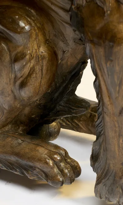 A hind paw curled beneath the haunch, resting against a rounded ball-like form under the body.