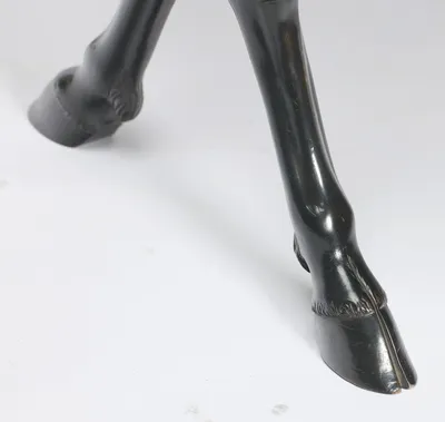 The foot is carved as a cloven hoof beneath a tuft of hair, with wear to the finish along the toe.