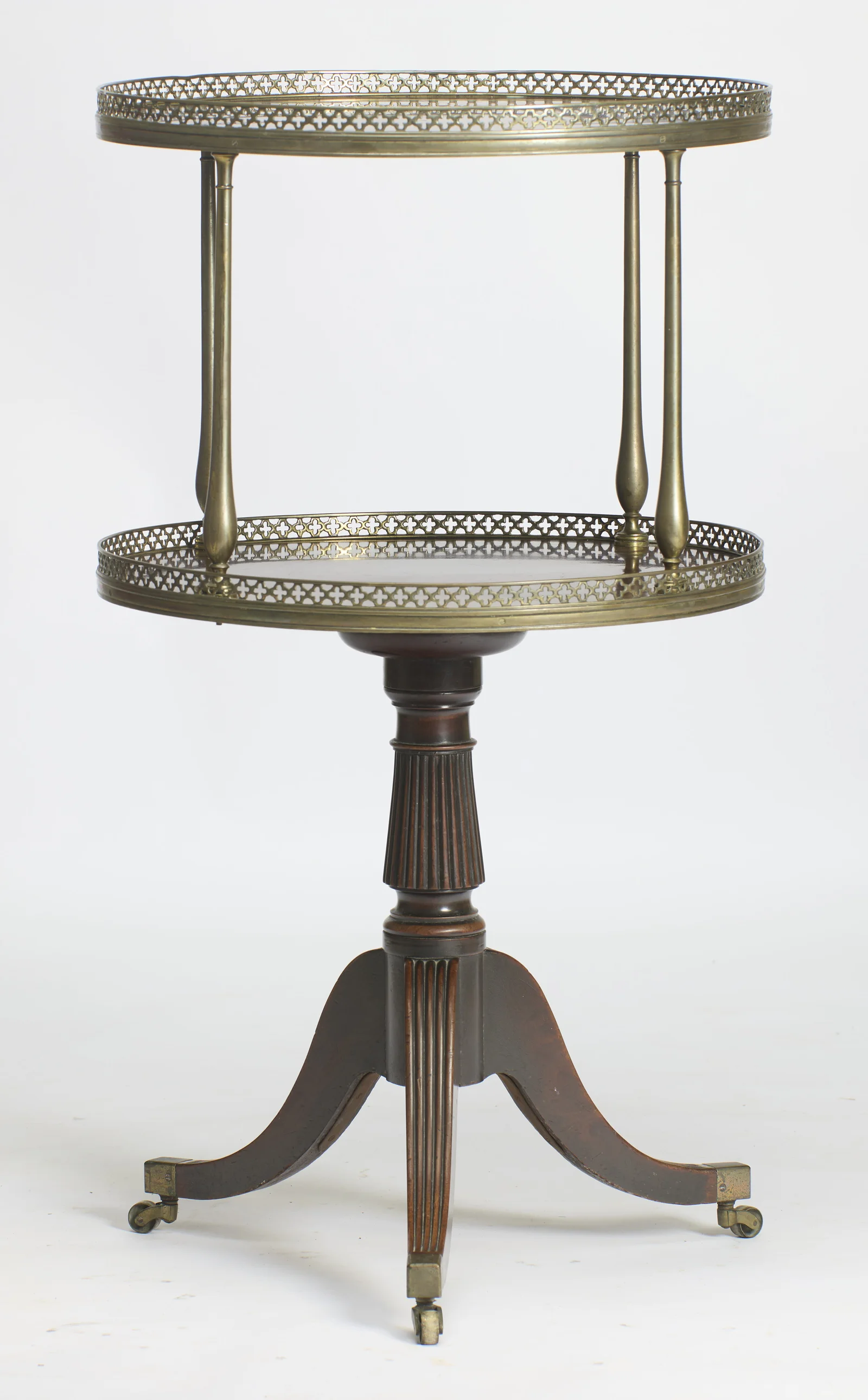 The stand seen straight on, showing the spacing of the two galleried tiers and the spread of the tripod base.