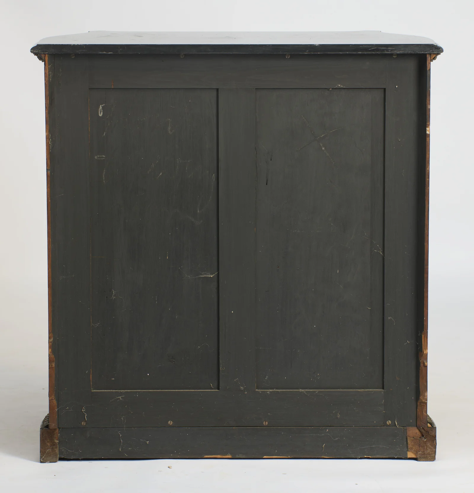 Twin-panelled back painted black, with general scuffs and rubbing.