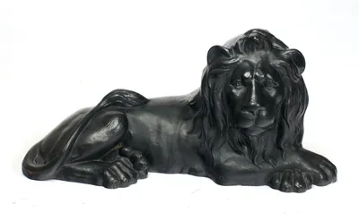 A different lion, recumbent with head erect and alert, lying directly on the ground with no plinth.