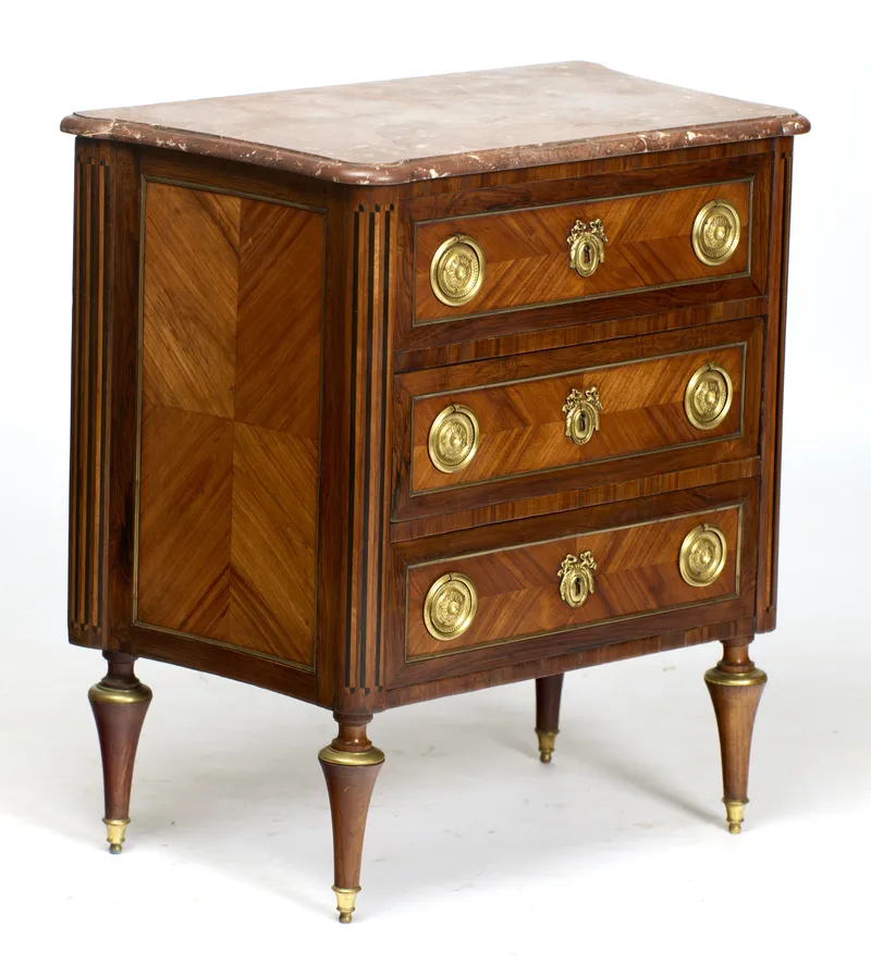 Small marble-topped three-drawer commode with gilt-metal mounts