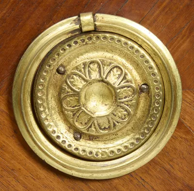 A pressed gilt-metal rosette within a beaded surround, its hinged ring hanging from the top mount; the corner flutes run behind.